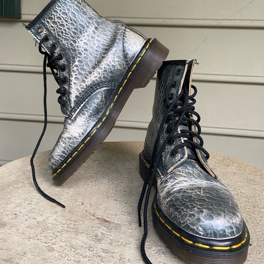 Blue snakeskin Dr. Martens with bouncing soles